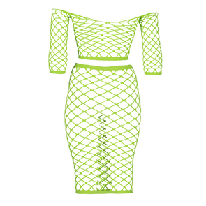Langermige Crop Top en Lange Rok - Plus Size - Neon Groen