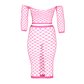 Langemouwen Crop Top en Lange Rok - Plus Size - Neon Roze