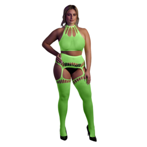 Twee Delige Set met Crop Top en Kousen - Plus Size - Neon Groen