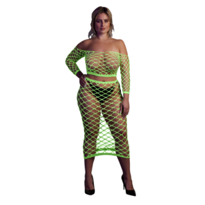Langermige Crop Top en Lange Rok - Plus Size - Neon Groen