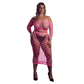 Langemouwen Crop Top en Lange Rok - Plus Size - Neon Roze