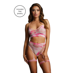 2-delige bh-set met jarretels en schitterende eye contact bling sticker - One Size - Multicolor