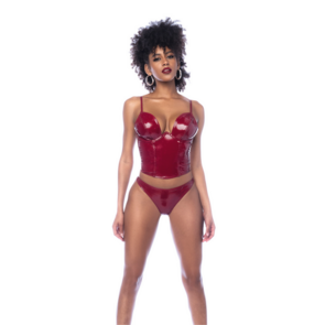 Twee Delige Bustier Set - L - Glanzend Wijnrood