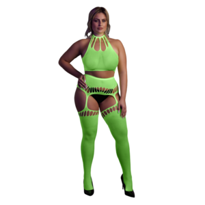 Twee Delige Set met Crop Top en Kousen - Plus Size - Neon Groen