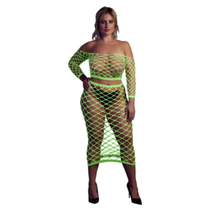 Langermige Crop Top en Lange Rok - Plus Size - Neon Groen