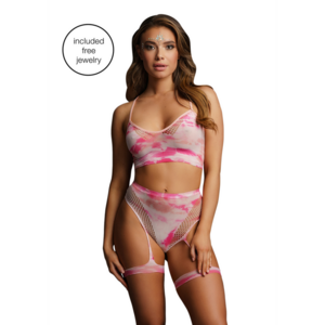 2-delige bh-set met jarretels en schitterende eye contact bling sticker - One Size - Multicolor