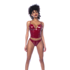 Twee Delige Bustier Set - L - Glanzend Wijnrood