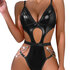 Faux Leather Cut-out Verleidelijk Bodysuit met Kettingen - L/XL - Zwart_