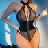 Transparante Mesh Halter Bodysuit met Rits aan de Voorkant - L/XL - Zwart_